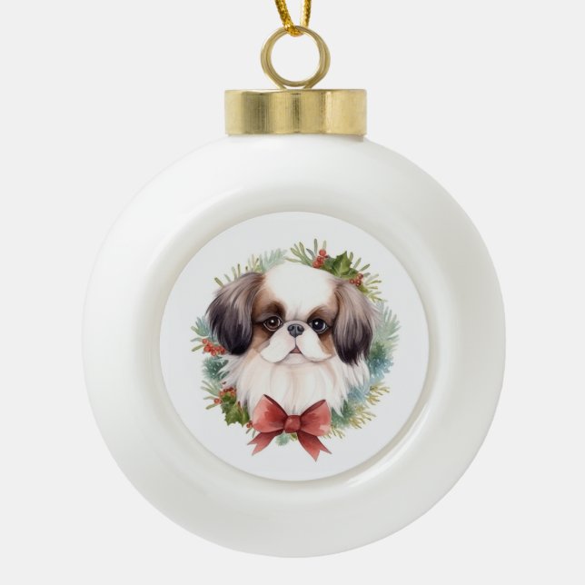 Japanese Chin Christmas Wreath Festive Pup Ceramic Ball Christmas Ornament (Front)