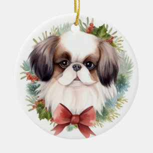 Japanese Chin Christmas Wreath Festive Pup Ceramic Ornament
