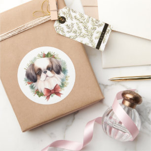 Japanese Chin Christmas Wreath Festive Pup Classic Round Sticker