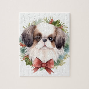 Japanese Chin Christmas Wreath Festive Pup Jigsaw Puzzle