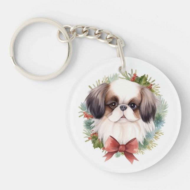 Japanese Chin Christmas Wreath Festive Pup Key Ring (Front)