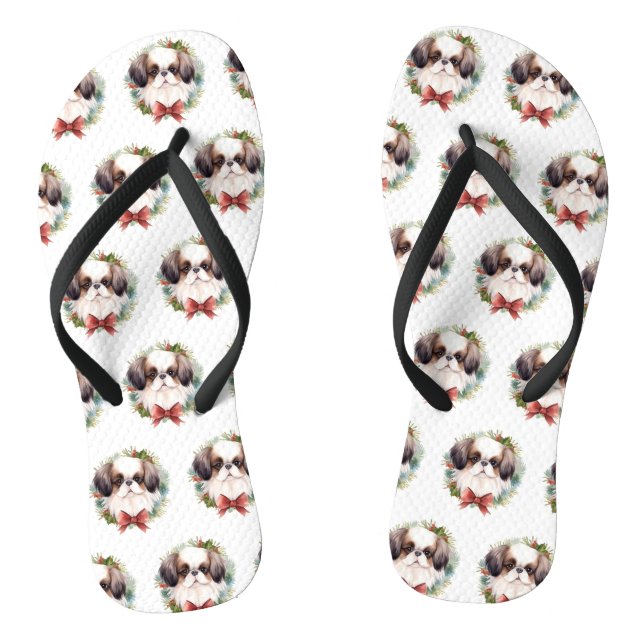 Japanese Chin Christmas Wreath Festive Pup Thongs (Footbed)