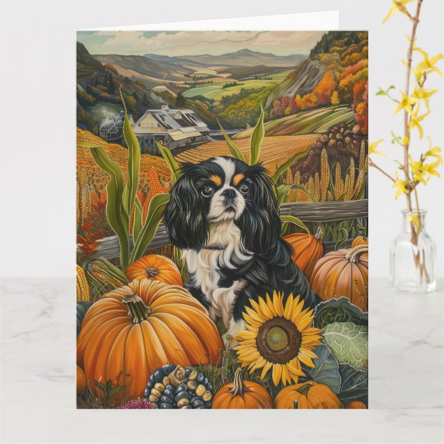 Japanese Chin Dog Autumn Harvest Thanksgiving Card (Yellow Flower)