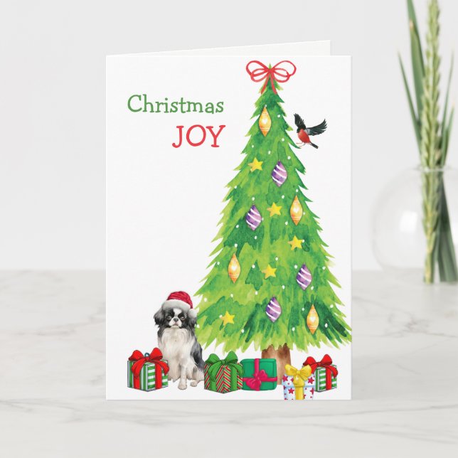 Japanese Chin Dog, Bird and Christmas Tree Holiday Card (Front)