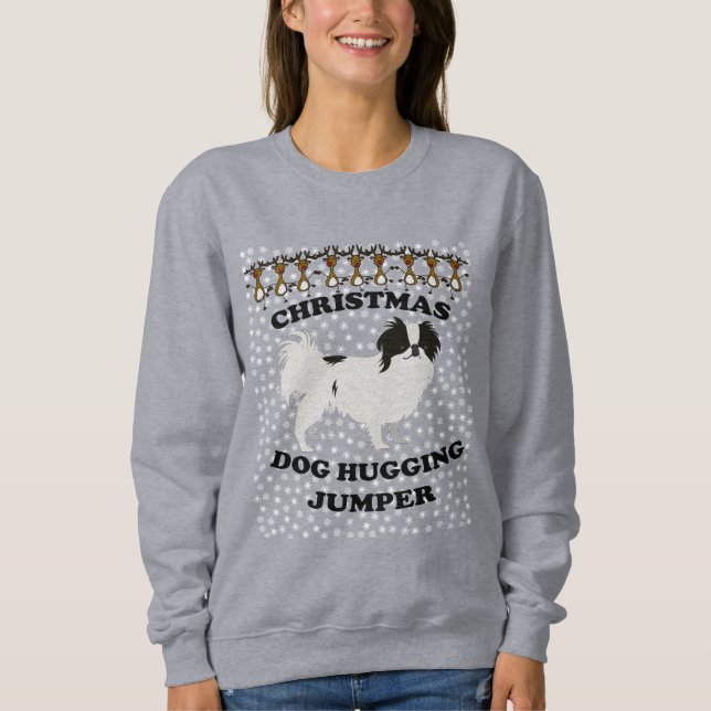 Japanese Chin dog Christmas Dog Hugging Sweatshirt (Front)