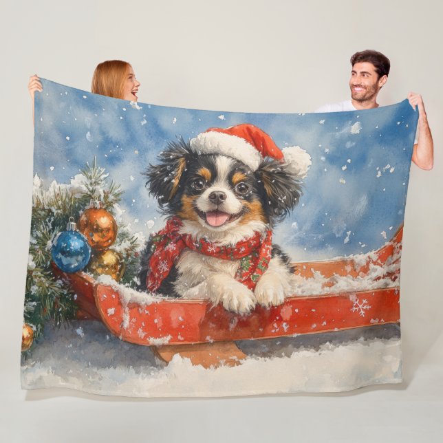 Japanese Chin Dog in Sledge Let it Snow Christmas Fleece Blanket (In Situ)