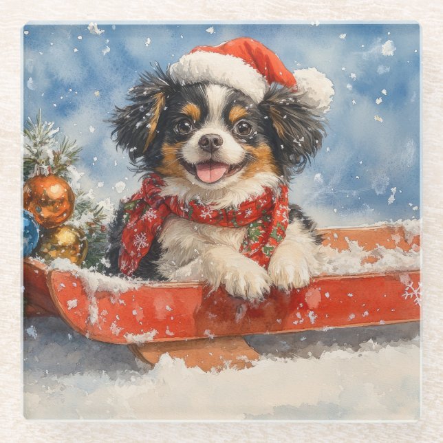 Japanese Chin Dog in Sledge Let it Snow Christmas Glass Coaster (Front)