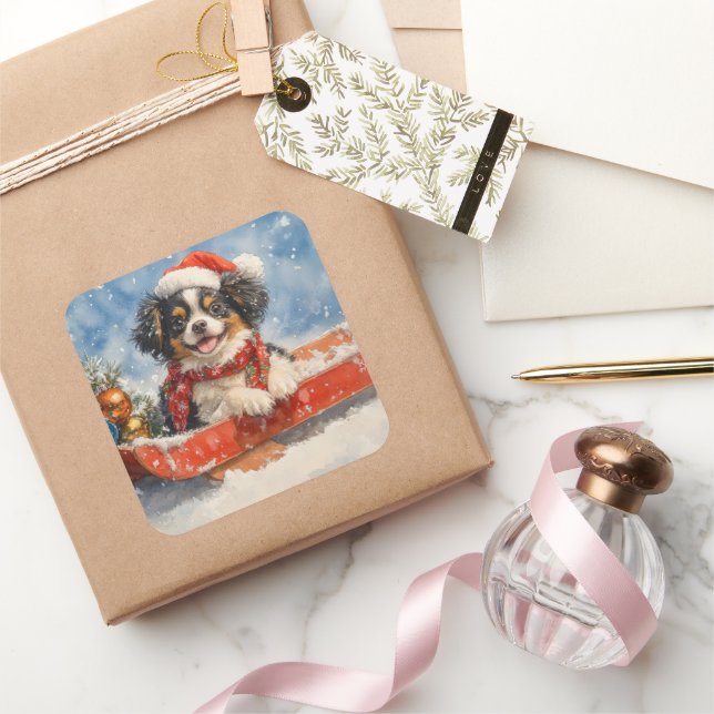 Japanese Chin Dog in Sledge Let it Snow Christmas Square Sticker (Gifting)