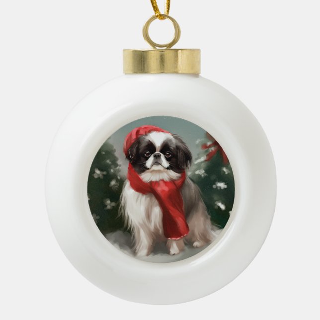 Japanese Chin Dog in Snow Christmas  Ceramic Ball Christmas Ornament (Front)