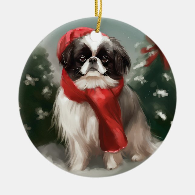 Japanese Chin Dog in Snow Christmas  Ceramic Ornament (Front)