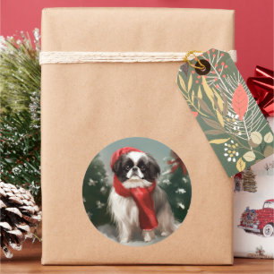 Japanese Chin Dog in Snow Christmas Classic Round Sticker