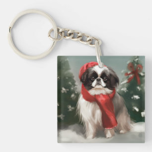 Japanese Chin Dog in Snow Christmas Key Ring