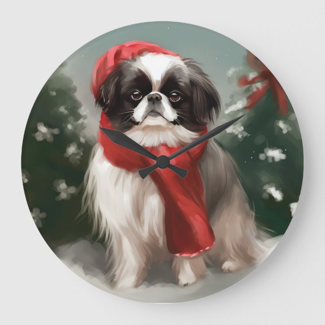 Japanese Chin Dog in Snow Christmas  Large Clock (Front)