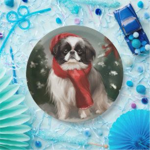 Japanese Chin Dog in Snow Christmas  Paper Plate