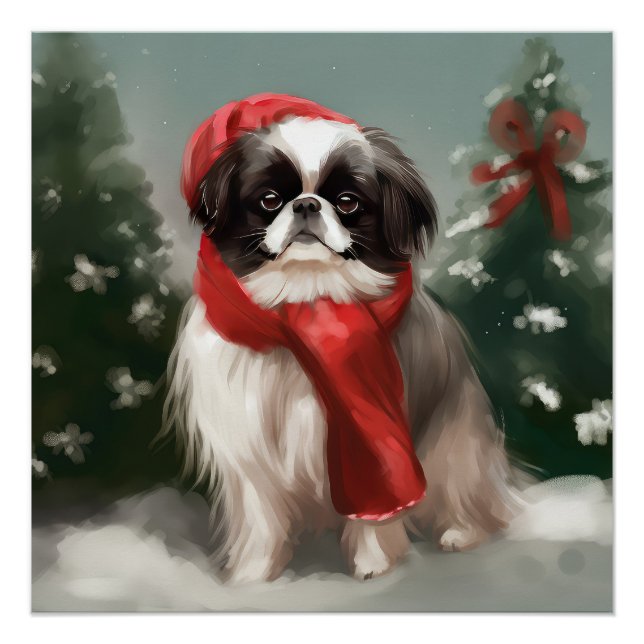 Japanese Chin Dog in Snow Christmas  Poster (Front)