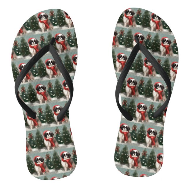 Japanese Chin Dog in Snow Christmas  Thongs (Footbed)