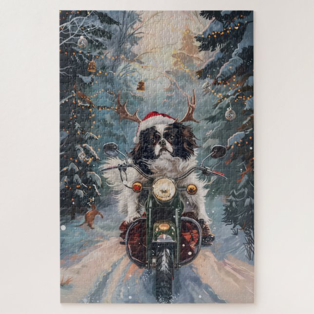 Japanese Chin Dog Riding Motorcycle Christmas Jigsaw Puzzle (Vertical)