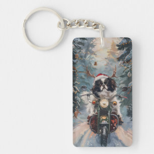 Japanese Chin Dog Riding Motorcycle Christmas Key Ring