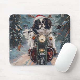 Japanese Chin Dog Riding Motorcycle Christmas Mouse Pad