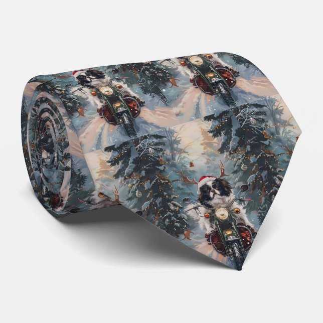 Japanese Chin Dog Riding Motorcycle Christmas Tie (Rolled)