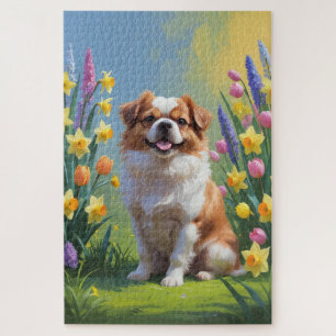 Japanese Chin Dog Spring Flowers Painting Jigsaw Puzzle