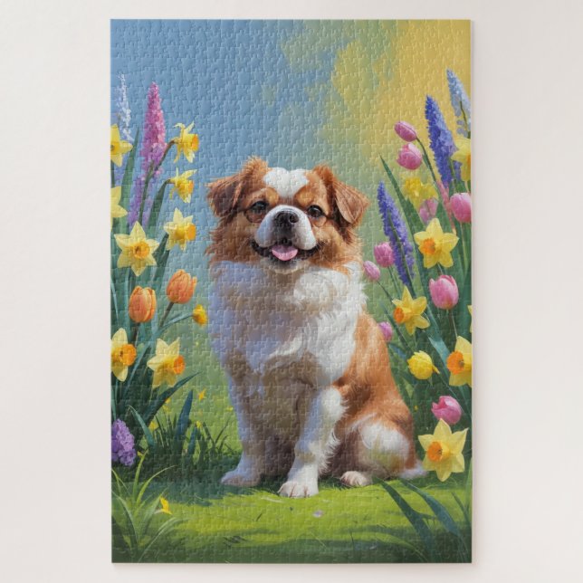 Japanese Chin Dog Spring Flowers Painting Jigsaw Puzzle (Vertical)