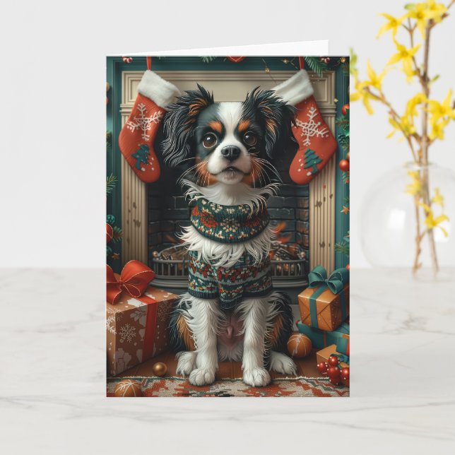 Japanese Chin Dog With Christmas Gifts Fireplace Card (Yellow Flower)