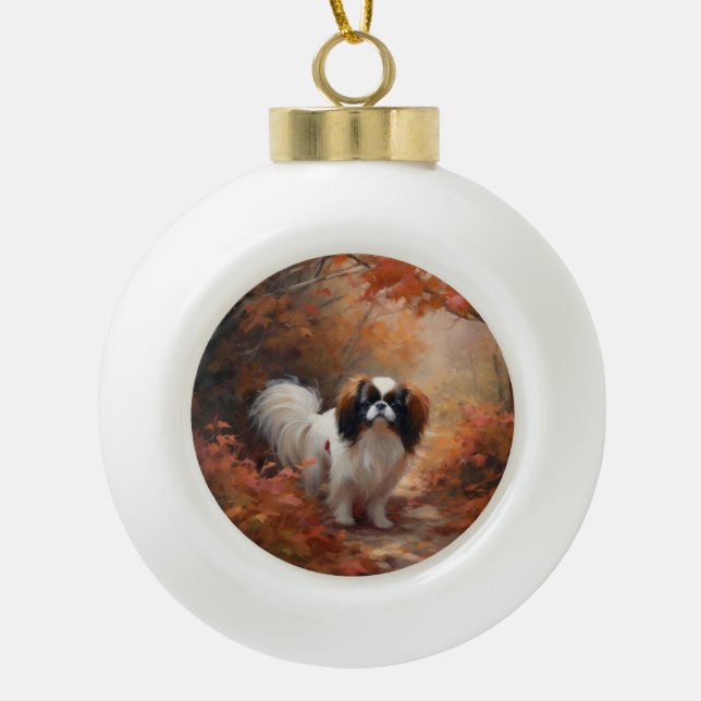 Japanese Chin in Autumn Leaves Fall Inspire Ceramic Ball Christmas Ornament (Front)