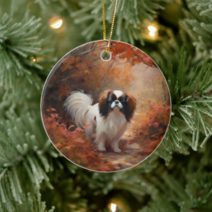 Japanese Chin in Autumn Leaves Fall Inspire Ceramic Ornament