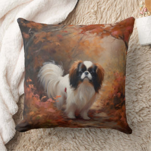 Japanese Chin in Autumn Leaves Fall Inspire Cushion