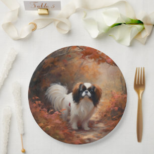 Japanese Chin in Autumn Leaves Fall Inspire Paper Plate