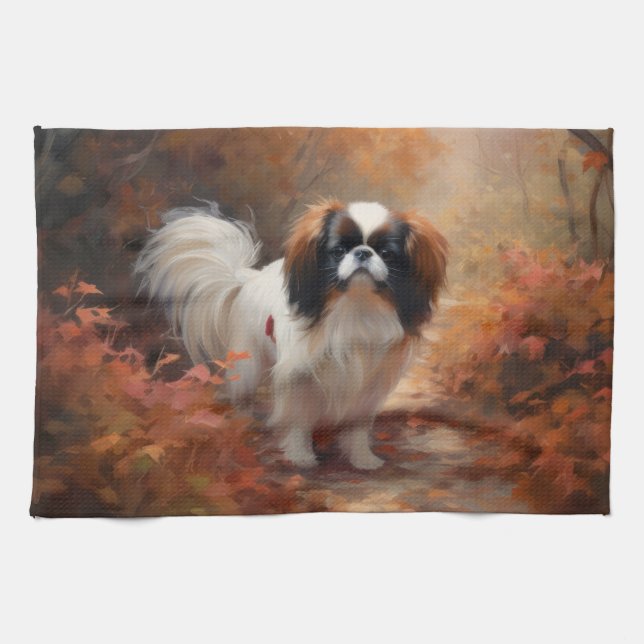 Japanese Chin in Autumn Leaves Fall Inspire Tea Towel (Horizontal)