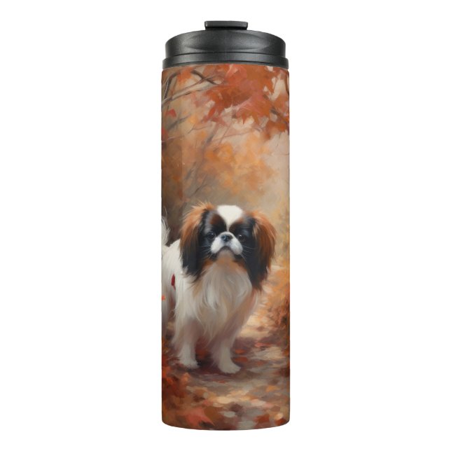 Japanese Chin in Autumn Leaves Fall Inspire Thermal Tumbler (Front)