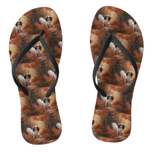 Japanese Chin in Autumn Leaves Fall Inspire Thongs
