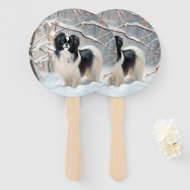 Japanese Chin Let It Snow Christmas Hand Fan (Front and Back)