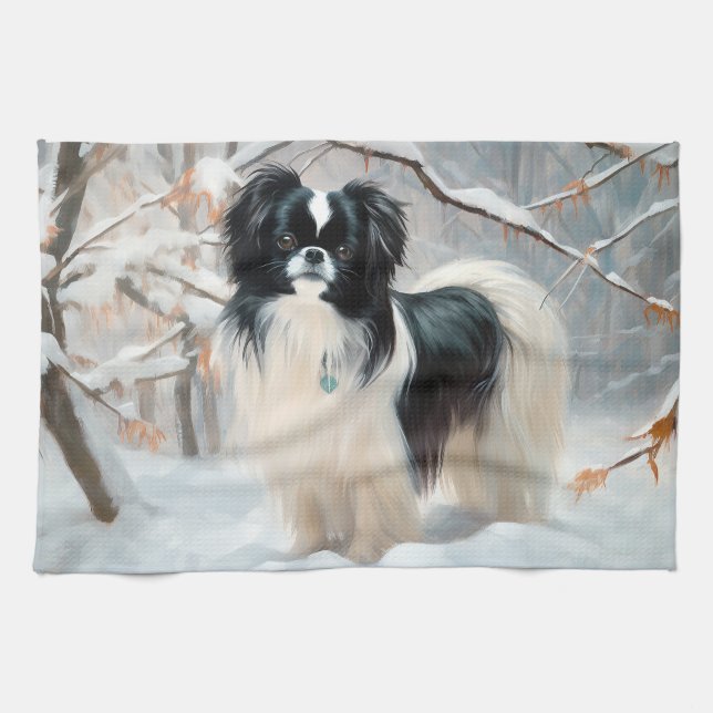 Japanese Chin Let It Snow Christmas Tea Towel (Horizontal)