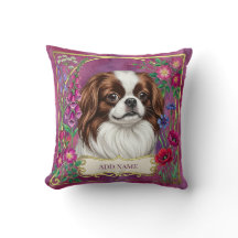 Japanese Chin Personalized Pink Floral Cushion