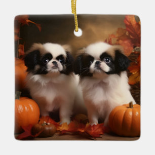 Japanese Chin Puppy Autumn Delight Pumpkin  Ceramic Ornament