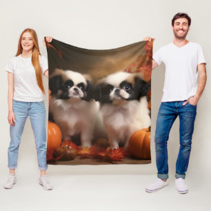 Japanese Chin Puppy Autumn Delight Pumpkin  Fleece Blanket