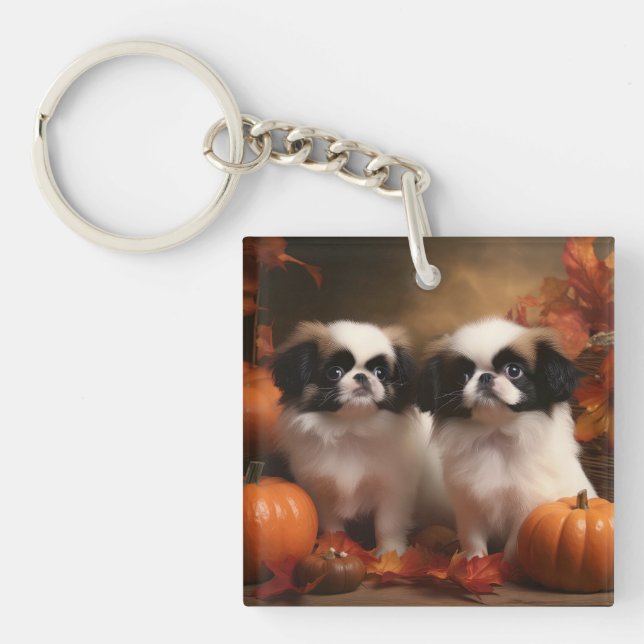 Japanese Chin Puppy Autumn Delight Pumpkin  Key Ring (Front)