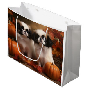Japanese Chin Puppy Autumn Delight Pumpkin  Large Gift Bag