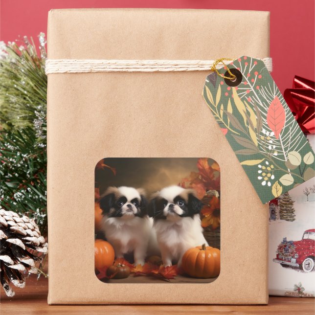 Japanese Chin Puppy Autumn Delight Pumpkin  Square Sticker (Holiday)