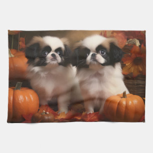 Japanese Chin Puppy Autumn Delight Pumpkin  Tea Towel