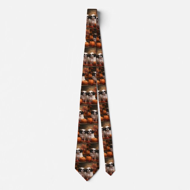 Japanese Chin Puppy Autumn Delight Pumpkin  Tie (Front)