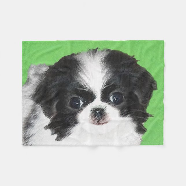 Japanese Chin Puppy Painting - Original Dog Art Fleece Blanket (Front (Horizontal))