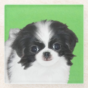 Japanese Chin Puppy Painting - Original Dog Art Glass Coaster