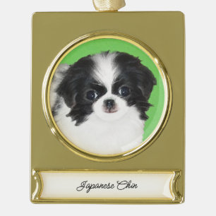 Japanese Chin Puppy Painting - Original Dog Art Gold Plated Banner Ornament
