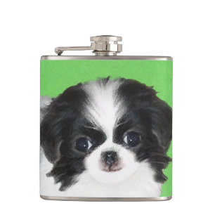 Japanese Chin Puppy Painting - Original Dog Art Hip Flask