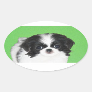 Japanese Chin Puppy Painting - Original Dog Art Oval Sticker
