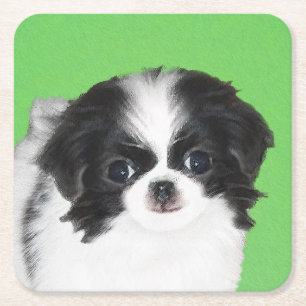 Japanese Chin Puppy Painting - Original Dog Art Square Paper Coaster